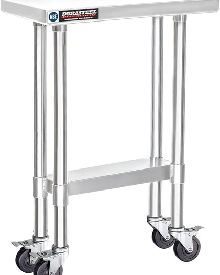 DuraSteel 24x12 NSF Stainless Steel Cart Work Table - Heavy Duty Rolling Food Prep Table - Metal Utility Cart on Wheels Caster, Grill Stand Microwave Outdoor Kitchen Tables Countertop Island Top Vevor