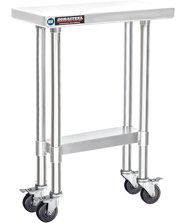 DuraSteel 24x12 NSF Stainless Steel Cart Work Table - Heavy Duty Rolling Food Prep Table - Metal Utility Cart on Wheels Caster, Grill Stand Microwave Outdoor Kitchen Tables Countertop Island Top Vevor