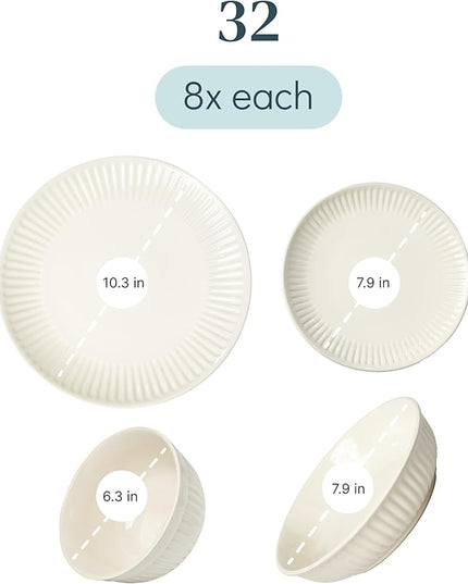 Stoneware Dinnerware Set for 8 People HYGGE 32-Piece - Elegant Scandi Design - Premium Dish Set - Bowl and Plate Set - Tableware for 8 People in a Ribbed Design - Pure Living in Beige