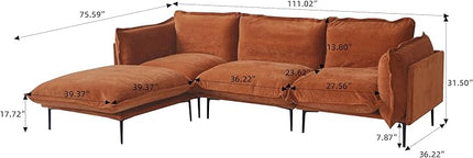 WJShome Velvet Modular Sectional Sofa with Ottomans,111" Modern L-Shaped Couch for Living Room, 3-Seater Sofa with Chaise with Removable Cushions and 8" High Metal Legs, Easy to Clean, Terracotta