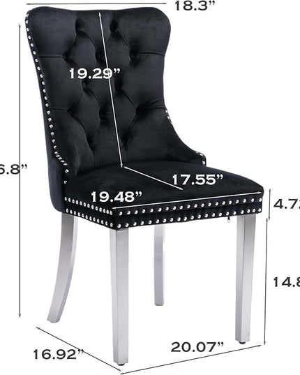 SoarFlash Velvet Dining Chair Set of 6, Upholstered Tufted Dining Room Chair with Nailhead Trim and Solid Silver Plated Leg for Kitchen (Black)