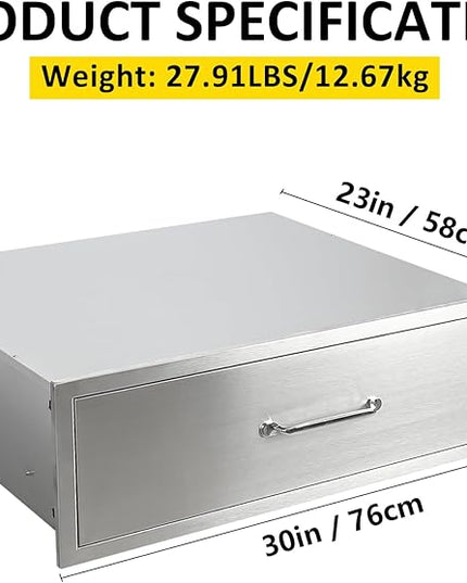 Outdoor Kitchen Drawers 30" W x 10" H x 23" D Flush Mount BBQ Single Drawers with Divider,Built-in Stainless Steel Drawer with Chrome Handle for Outdoor Kitchen Island Patio Grill Station