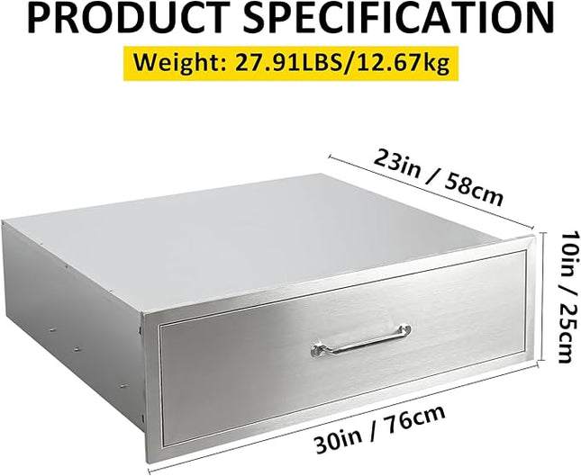 Outdoor Kitchen Drawers 30" W x 10" H x 23" D Flush Mount BBQ Single Drawers with Divider,Built-in Stainless Steel Drawer with Chrome Handle for Outdoor Kitchen Island Patio Grill Station
