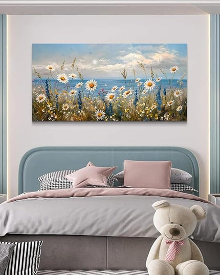 Wapluam Large Canvas Wall Art for Living Room Blue Ocean Wall Decor For Bedroom Bathroom Decoration Natural Seascape Painting Modern Office Wildflowers Artwork Pictures Home Decor Ready To Hang