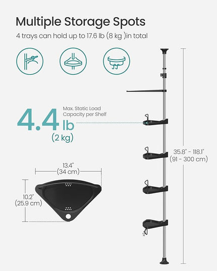 SONGMICS Corner Shower Caddy Tension Pole, 4-Tier Rust-Resistant Shower Organizer, Shower Shelf, Drill-Free, 35.8 to 118.1 Inches, Height Adjustable Trays, for Bathroom, Ink Black UBCB008B01