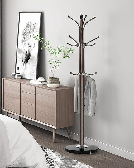 Kertnic Metal Coat Rack Stand with Natural Marble Base, Free Standing Hall Tree with 12 Hooks for Hanging Scarf, Bag, Jacket, Home Entry-way Hat Hanger Organizer (Bronze)