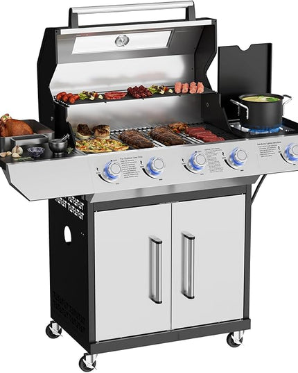 4 Led Burner Propane Gas Grill with Side Burner & & Visual Glass, Stainless Steel Gas Grill with Enameled Cast Iron Grates, 60,000 BTUs Output for Outdoor Cooking and Patio Backyard Barbecue