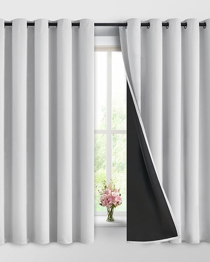 Yakamok 100% Blackout Curtains 63 Inches Long, 2 Thick Layers Heat and Full Light Blocking Soft Thermal Insulated Drapes for Bedroom(62" Wide Each Panel, Greyish White, 2 Panels)