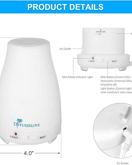 Diffuserlove 2 Pack 200ml Essential Oil Diffuser Ultrasonic Aromatherapy Diffuser Cool Mist Humidifiers with 7 Color LED Lights & Waterless Auto Shut-Off for Home Office Kitchen Bedroom