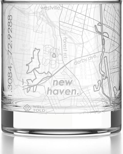 Well Told Engraved New Haven Connecticut Map Rocks Glass, Old Fashioned Glassware (11 oz, Clear) Etched Bourbon Tumbler, Gifts For Whiskey Lovers