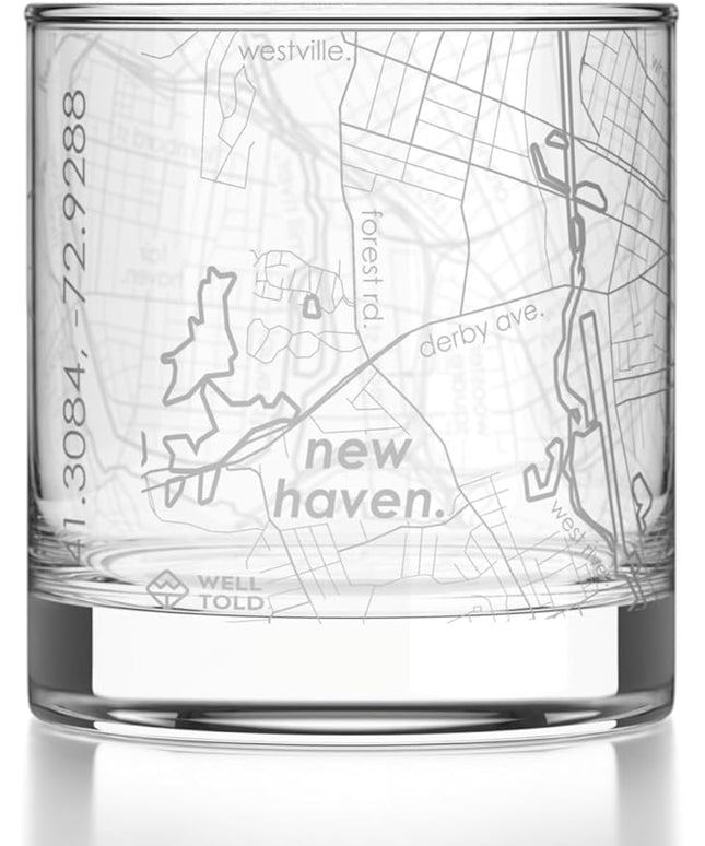 Well Told Engraved New Haven Connecticut Map Rocks Glass, Old Fashioned Glassware (11 oz, Clear) Etched Bourbon Tumbler, Gifts For Whiskey Lovers
