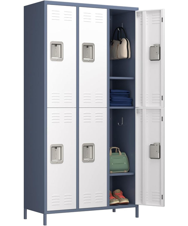 Aobabo Metal Storage Locker for Employees, 6 Doors Metal Locker for Garage, Office, Gym, Dormitory, Industrial Storage with 18 Hooks, Assembly Required, Grey White