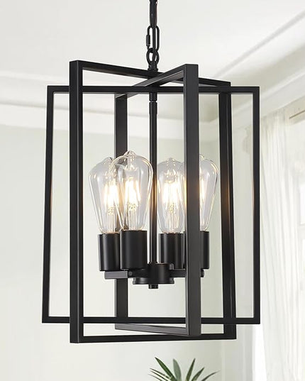 4 Light Modern Farmhouse Chandelier for Dining Room, Black Pendant Lights Fixtures for Kitchen Island, Foyer Lighting Fixtures High Ceiling for Entryway Hallway Living Room Bedroom