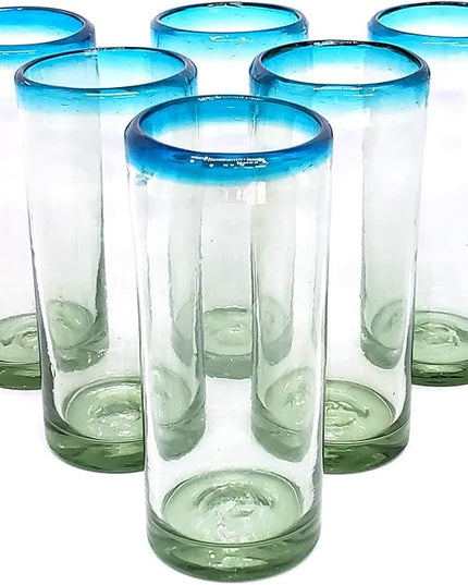 Aqua Blue Rim 15 oz Highball Glasses (set of 6), Recycled Glass, Lead-free, Toxin-Free (Highball)