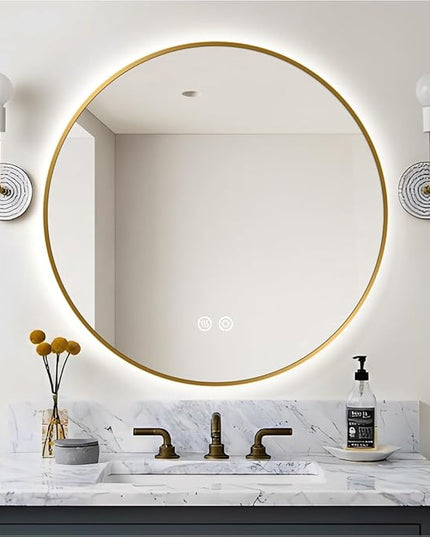 32" LED Backlit Round Mirror for Bathroom, Gold Framed LED Smart Circle Mirrors with 3 Colors, Dimmable Lighted Mirror with Anti-Fog, IP65 Waterproof, CRI 93+, UL-Listed