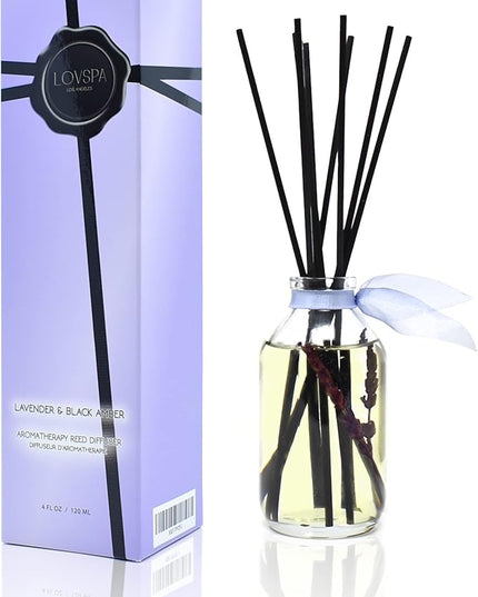 LOVSPA Reed Diffuser Set, Lavender & Black Amber Scented Oil Diffuser with Sticks, Home Fragrance Accessories for Bathroom Shelf Decor, Aroma Diffusers for Home or Office Desk, USA Made