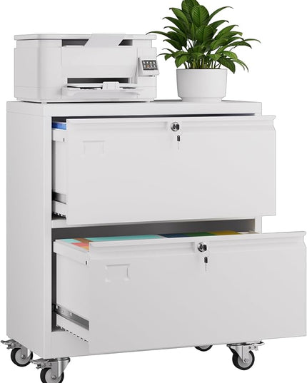 METAN Upgrade 2 Drawers Lateral File Cabinet on Wheels,Steel Office Filing Storage Cabinet with 2 Locks,White,Assembly Required