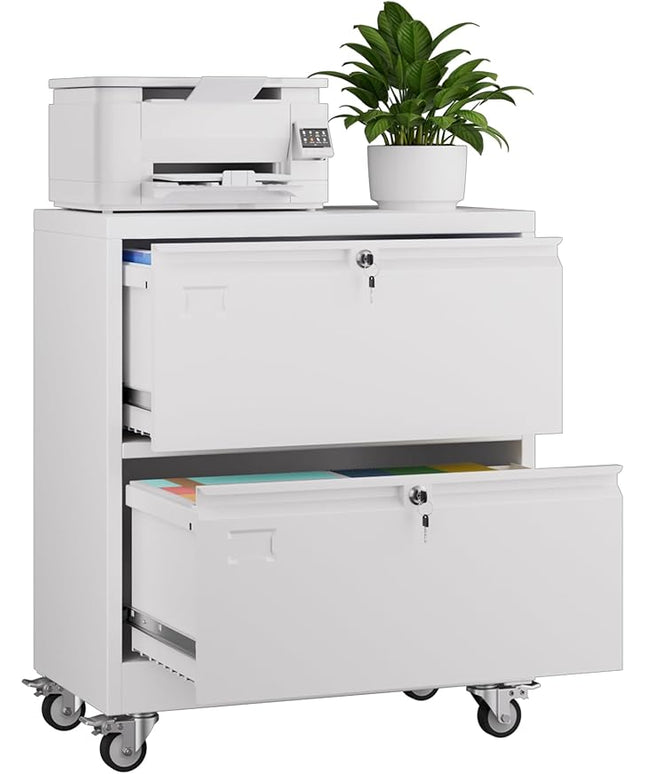 METAN Upgrade 2 Drawers Lateral File Cabinet on Wheels,Steel Office Filing Storage Cabinet with 2 Locks,White,Assembly Required