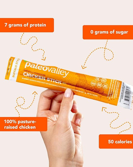 Paleovalley Pasture-Raised Chicken Sticks – 10 Pack – 7g Protein per Stick – Keto-Friendly, Paleo, Gluten-Free, Nitrate-Free – On-the-Go Snack (10 Pack, Buffalo)