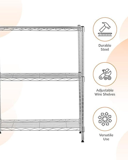 Amazon Basics 3-Shelf Adjustable Heavy Duty Steel Wire Rack Storage Shelving Organizer for Kitchen, Garage, 23.2" L x 13.4" W x 30" H, Chrome