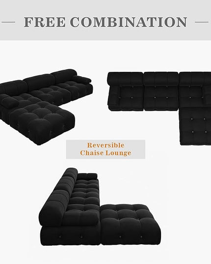 JACH 104'' Modern Sectional Sofa, L-Shaped Minimalist Velvet Floor Sofas Couches, Couch Sectional with Reversible Chaise Ottoman for Living Room Office Apartment (3 Seats,1 Ottoman, Black)