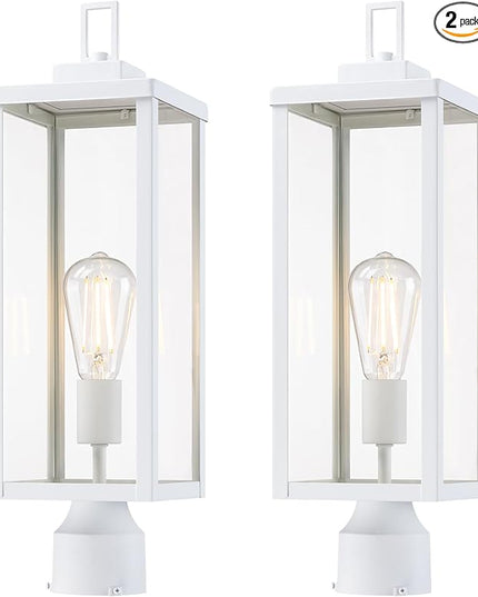 GRUENLICH Outdoor Lamp Post Light Fixtures, Exterior Pole Lantern with Tempered Glass, 20 Inch Fence Post Lighting for Garden Yard Pathway, White, 2 Pack