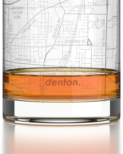 Well Told Engraved Denton Texas Map Rocks Glass, Old Fashioned Glassware (11 oz, Clear) Etched Bourbon Tumbler, Gifts For Whiskey Lovers