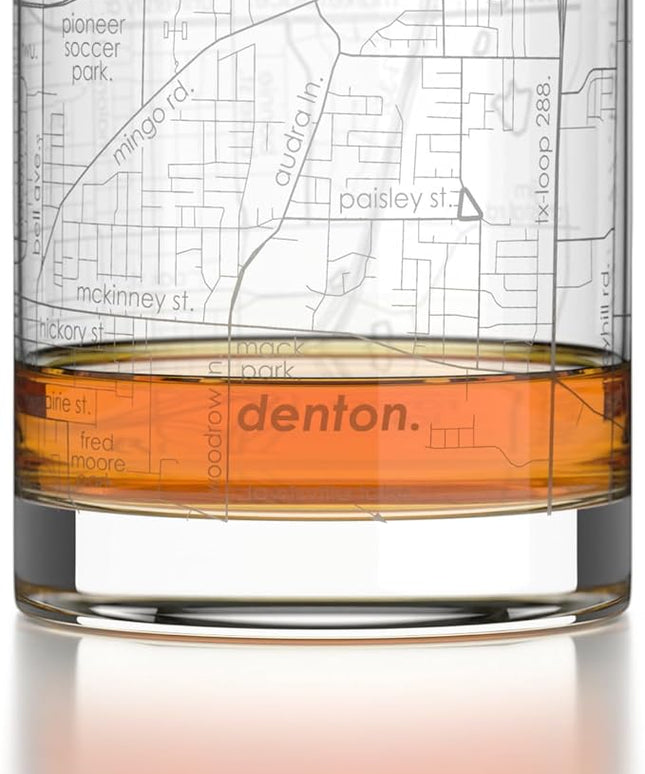 Well Told Engraved Denton Texas Map Rocks Glass, Old Fashioned Glassware (11 oz, Clear) Etched Bourbon Tumbler, Gifts For Whiskey Lovers