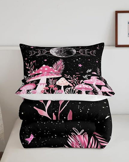 Mushroom Kids Comforter Set Full Size,Sun Moon Starry Sky Planet Romantic Bedding Set,Boys Girls Adults Room Decor,Plants Leaves Boho Trippy Down Comforter,Pink Dreamy Duvet Insert,2 Pillowcases