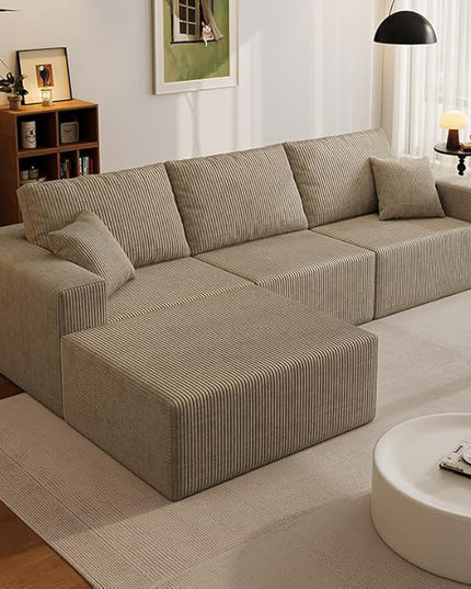 110" Boneless Cloud Sectional Couch for Living Room, Compressed Modular L-Shaped Sofa with Deep Seat, Frameless Corduroy Couch in Boxes, No Assembly Required 3-Seater (Left-Facing Chaise, Grey)