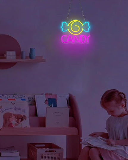 Neon Sign for Wall Decor, Lights for Workshop, Business Signs - Suitable for Man Cave Bar Pub Restaurant - 5V Power Adapter with Hanging Chain Hooks (CANDY)