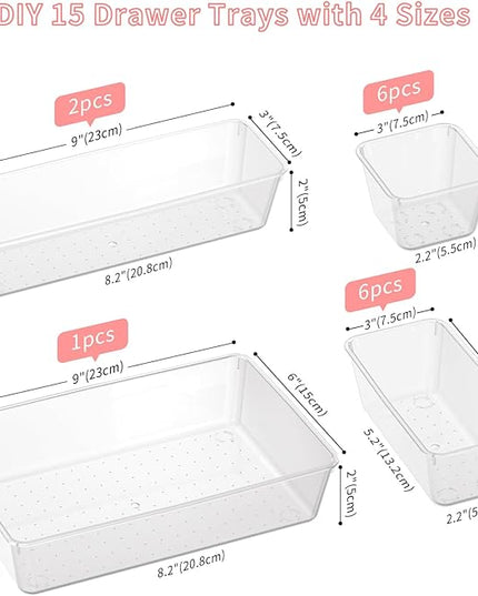 15 PCS Clear Plastic Drawer Organizer Set, 4 Sizes Versatile Bathroom Drawer Organization and Storage Trays, Non-Slip Desk Vanity Storage Bins for Makeup Jewelry Kitchen Utensil Gadget Office