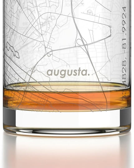 Well Told Engraved Augusta Georgia Map Rocks Glass, Old Fashioned Glassware (11 oz, Clear) Etched Bourbon Tumbler, Gifts For Whiskey Lovers