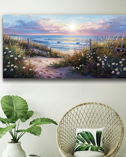 hyidecorart Large Wall Art For Living Room Canvas Wall Decor For Bedroom Blue Ocean Artwork Pictures Flower Beach Scenery Wall Painting Framed for Office Hotel Decor Modern Posters Home Decorations