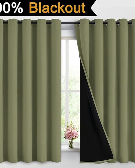 Yakamok 100% Blackout Window Curtain Panels, Heat and Full Light Blocking Drapes with Black Liner for Nursery,Thermal Insulated Draperies (Sage, 2 Pieces, 62Wx63L)