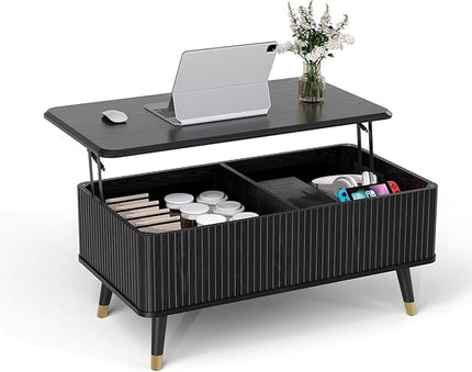 Lift Top Coffee Table with Storage, Modern Coffee Table with Solid Wood Legs, 38" Minimalist Fluted Center Table for Living Room, Home Office, Black