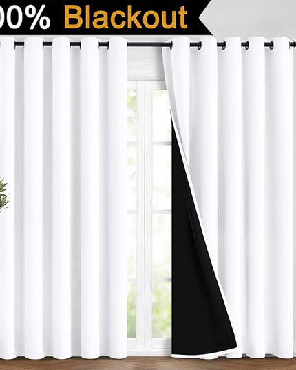 Yakamok Full Blackout Curtains 84 Inches Long,Blackout Curtain Panels for Bedroom, 2 Thick Layers Grommet Top Thermal Insulated Drapes with Black Liner for Living Room(62Wx84L, Pure White, 2 Panels)
