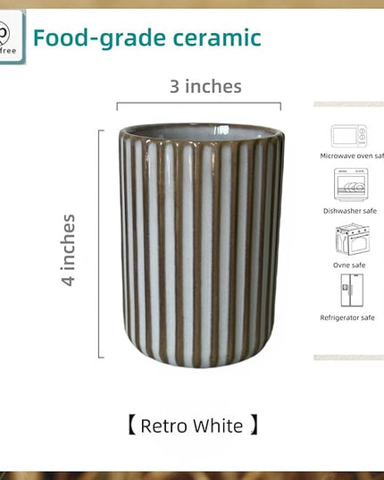 Stoneware Coffee Bar Utensil Holder Tea & Coffee Spoon & Stirrer Holder for Stir Stick Straw Teaspoon Holder Spoon Cup Small Utensil Jar Fluted Vertical Stripe (Retro White)