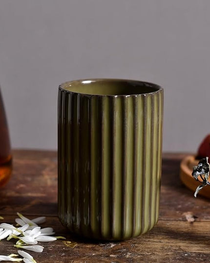 Stoneware Coffee Bar Utensil Holder Tea & Coffee Spoon & Stirrer Holder for Stir Stick Straw Teaspoon Holder Spoon Cup Small Utensil Jar Fluted Vertical Stripe (Retro Green)