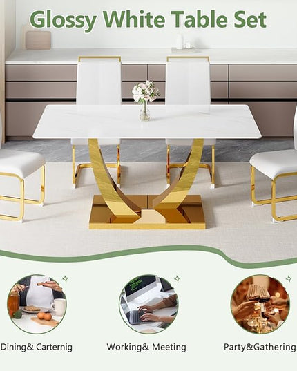 63” Dining Room Table Set for 6,Modern Gold Dining Table Set for 6, Rectangle Kitchen Table Set with Leather Chairs,White Faux Marble Dinner Table Set with Tempered Glass Top and Golden Base
