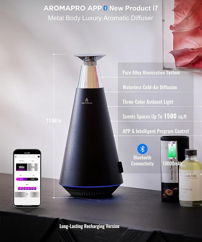 Waterless Scent Diffuser Starter Kit - 1500 Sq Ft Coverage, Alloy Atomization System,Mood Light,Smart Rechargeable Hotel Scent Diffuser, Including 120ml Essential Oil, for Home,Large Room,Spa,Black