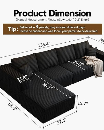 135.4" Cloud Modular Sectional Sofa Couch with L-Shape Chaise,Modern Minimalist Upholstered Couches for Living Room Bedroom,Deep Seat Corner Couch，No Assembly Required (Black,Left Facing Chaise)