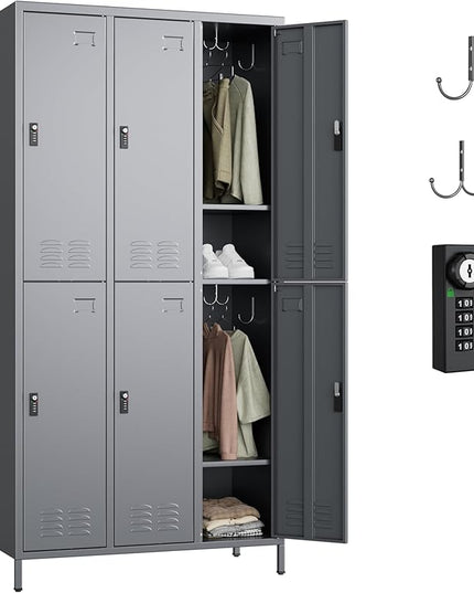 Aobabo Combination Lock Metal Storage Locker for Employees, 6 Doors Lockable Storage Locker with 18 Hooks for Office Gym School, Dark Grey, Assembly Required