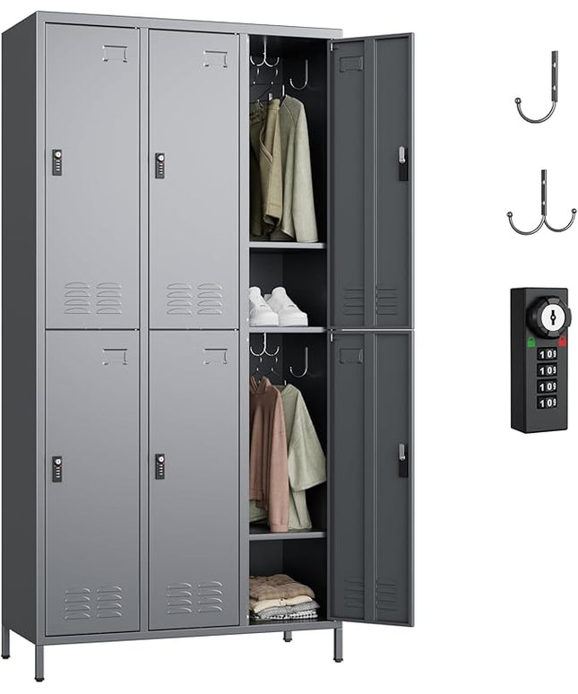 Aobabo Combination Lock Metal Storage Locker for Employees, 6 Doors Lockable Storage Locker with 18 Hooks for Office Gym School, Dark Grey, Assembly Required