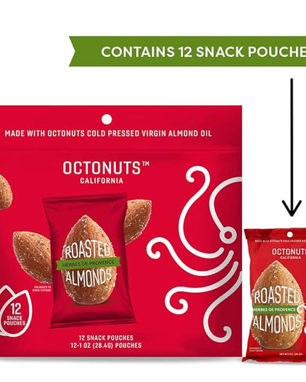 Octonuts Herbs de Provence Almonds – 12 Individually Wrapped Snack Packs (1oz Each), Healthy Snacks for Adults and Kids, Non-GMO, Keto and Gluten-Free, Roasted in Cold Pressed Olive Oil