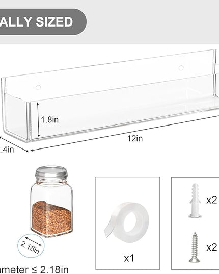 PMMASTO Adhesive Acrylic Spice Rack Organizer for Wall with Nano Double Sided Tape, Spice Shelf Organization for Kitchen Cabinet Door/Pantry Door, Wall Mount Seasoning Rack (Clear-2 Pack)