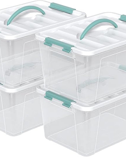 Jekiyo 14 Quart Clear Storage Box with Handle, Plastic Latching Bins with Lids, 4 Packs