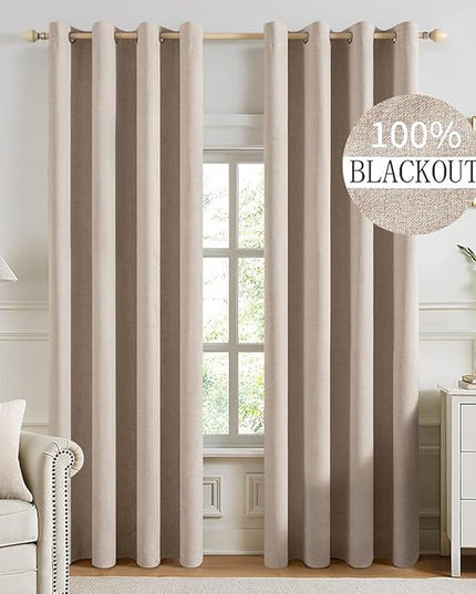 MIULEE 100% Blackout Textured Curtains for Bedroom Solid Thermal Insulated Natural Beige Grommet Room Darkening Curtains & Drapes Luxury Decor for Living Room Nursery 52 x 94 Inch (2 Panels)