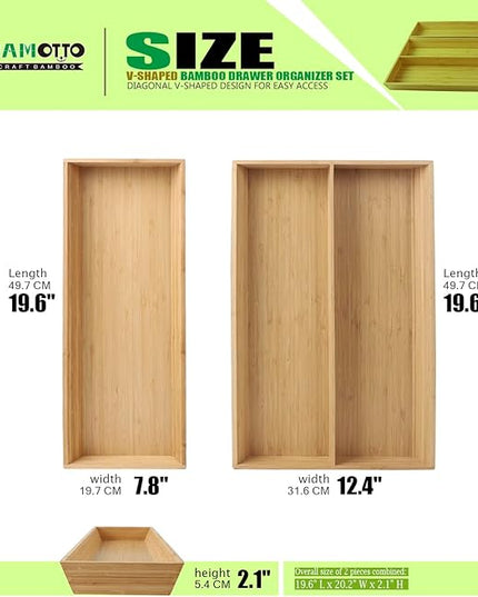 2-Piece V-Shaped Bamboo Drawer Organizer - Ideal for Kitchen's Large Long Tableware, Cooking Utensils, Flatware, Silverware - Wood Storage Box for Home, Bedroom, Bathroom (19.6"x12.4" & 19.6"x7.8")