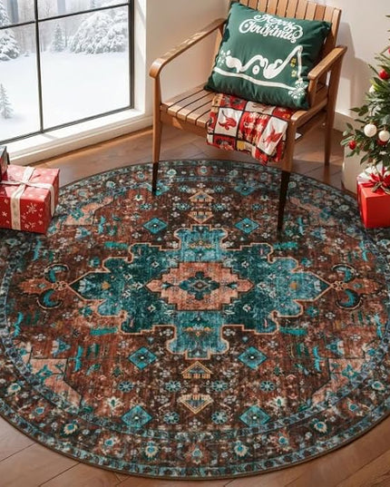 Ciicool Boho 5x5ft Round Area Rug Washable Bedroom Rug Non-Slip Oriental Entryway Throw Rug Low-Pile Indoor Carpet for Dining Room(Brick Red/Dull Teal)